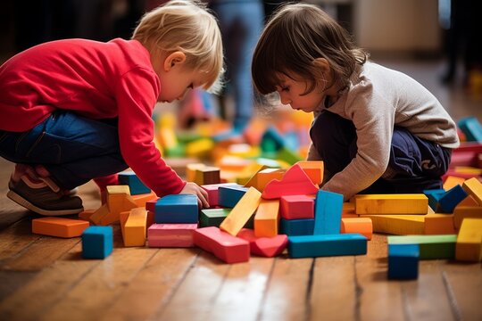 A curious toddler and his adoring baby brother bond over building blocks, lost in their own world of imagination and play