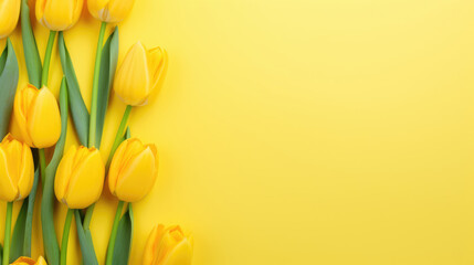 Summer yellow background with tulips, flat layer top view - 740046711