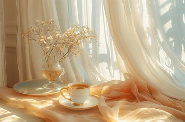 a table with a cup rimed in gold and another table with coffee and flowers