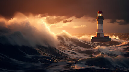 On a stormy night, a lighthouse guides the crashing waves under an ominous sky