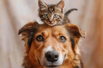 A curious cat perches atop a patient dog's head, their contrasting brown fur and piercing eyes creating a charming indoor scene of unlikely friendship between two beloved pets - obrazy, fototapety, plakaty