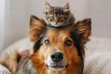 A furry feline perches proudly atop a loyal canine companion, showcasing the unlikely yet heartwarming bond between two beloved pets - obrazy, fototapety, plakaty