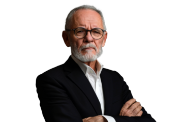 Portrait studio Smart and healthy senior business man wearing suit and t shirt that posing and smiling relaxedly isolated on transparent png background.