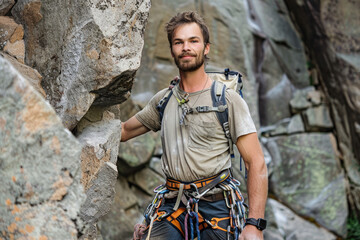 man wearing in climbing equipment standing in front of a stone rock outdoor and preparing to climb