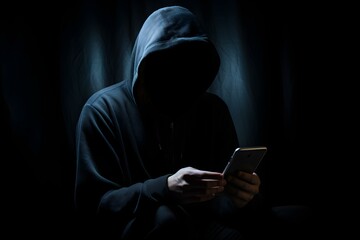 Faceless man in dark room on smartphone representing cybercrime. Concept Cybercrime, Faceless, Dark Room, Smartphone, Identity Theft