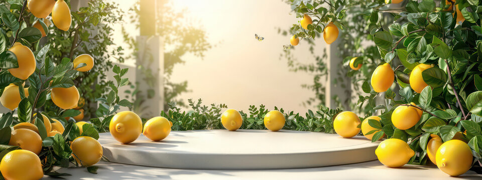 Round platform podium with lemons on it and lemons around. Background with lemon bushes and summer sunlight. Photorealistic 3d stylish template for product presentation