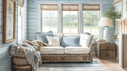 A coastal inspired guest room with a wicker loveseat in driftwood finish, echoing the natural elements of the beach - obrazy, fototapety, plakaty