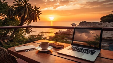 a cup of coffee, laptop, and books on a wooden table at a sunset