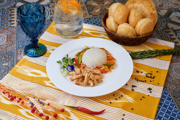 Soup Borscht with sour cream. Oriental background