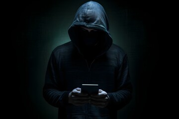 The title could be changed to "Anonymous figure in dimly lit room using smartphone for cybercrime". Concept Cybercrime, Smartphone Usage, Anonymous Figure, Dimly Lit Room, Suspenseful Atmosphere