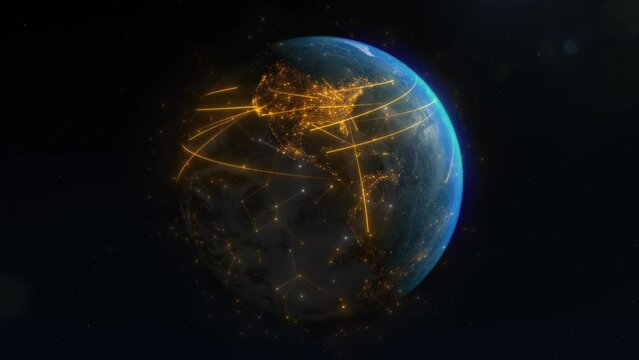 Animation of the Earth, network of technology and communication that connects the world. Moving lines and vectors representing data transfer, messaging, trade, flight, and travel paths. 