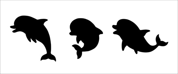 Set of dolphins black silhouettes. Vector template with funny animals. Template for kids to cut out and stick on.	