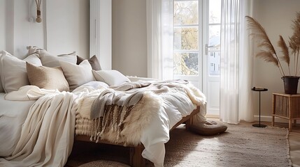a bedroom with Scandinavian inspired textiles, such as a faux fur rug and linen curtains