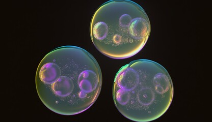 three soap bubbles on a black background with small bubbles inside