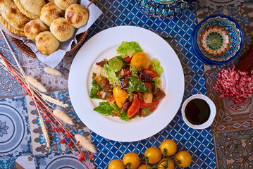 Fried vegetables with meat. Oriental background