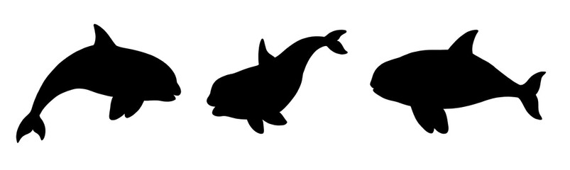 Set of orcas black silhouettes. Template with funny animals. Template for kids to cut out and stick on. - obrazy, fototapety, plakaty