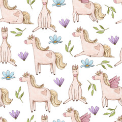 Hand Drawn Cute Unicorn and Flowers Seamless Pattern, Pencil style baby kids background