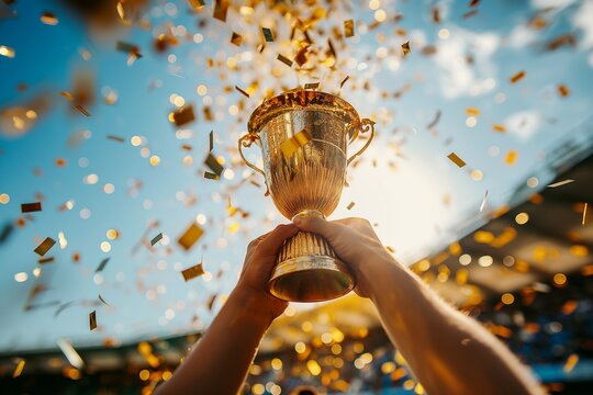 Hands holding the gold cup of champions with falling shiny confetti, victory, sports trophy