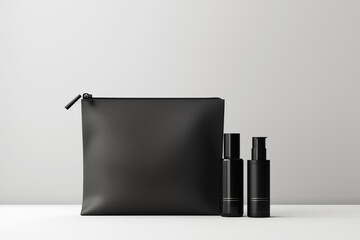 Black bag with set cosmetic products on grey background.