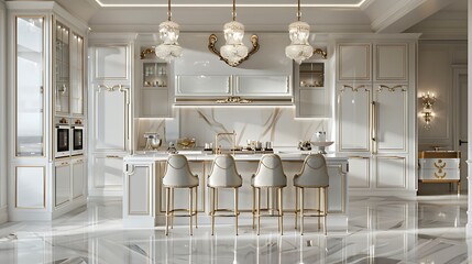 a luxury kitchen with high gloss white cabinets and gold accents, creating a glamorous and opulent ambiance