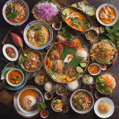 Traditional Thai Cuisine in a Vibrant Food Spread, sour, celebrate, yummy
