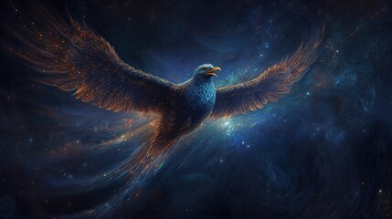 a bird with outstretched wings that flies against the background of the starry sky
