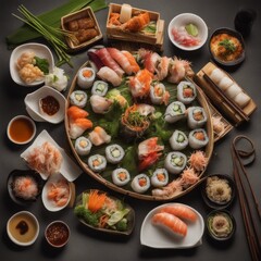 Fototapeta na wymiar sushi, dumplings, noodles, asian, food, culinary, tradition, bamboo, platter, steaming, salmon, tuna, avocado, broth, beef, egg, green, slices, inviting, taste, presentation