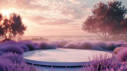 an image of a circular patio in a field with lavender and desert grasses, in the style of realistic...