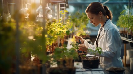A young female botanist studies the composition of plants, seedlings in a greenhouse laboratory. Scientific experiment, Microbiology, Biology, Agronomy, Chemistry concepts. - obrazy, fototapety, plakaty
