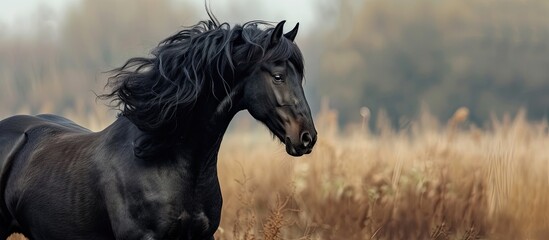 A Welsh part bred black stallion standing majestically in a field of tall, green grass. The horse is strong and graceful, with its shiny coat glistening in the sunlight. - Powered by Adobe