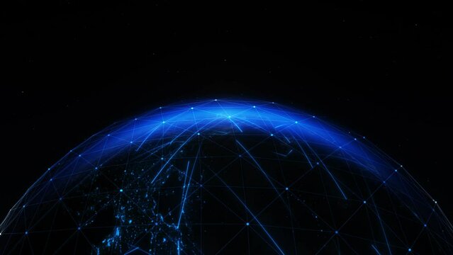 A stunning sunrise over Europe. The power of technology and innovation, dynamic flow of data transfer and information exchange moving lines. The internet network grid connectivity and communication.