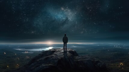 a man standing on a rock at night and looking into the distance