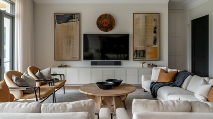 a TV lounge with a statement piece of artwork serving as a focal point above the television