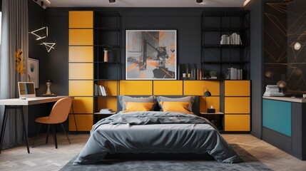 interior bedroom in yellow and black