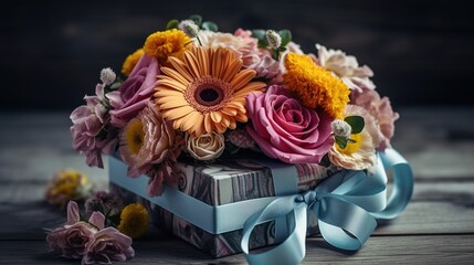 a bouquet of flowers glued to the top of a gift box