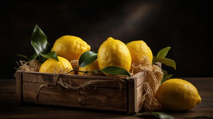 yellow and juicy lemons with green leaves in a box on a black background