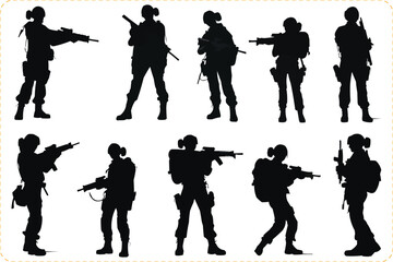 Black silhouettes of Female special forces, Silhouette of female soldier, Female special forces silhouette icon collection - obrazy, fototapety, plakaty