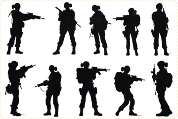 Foto op Canvas Black silhouettes of Female special forces, Silhouette of female soldier, Female special forces silhouette icon collection © Creative_Design