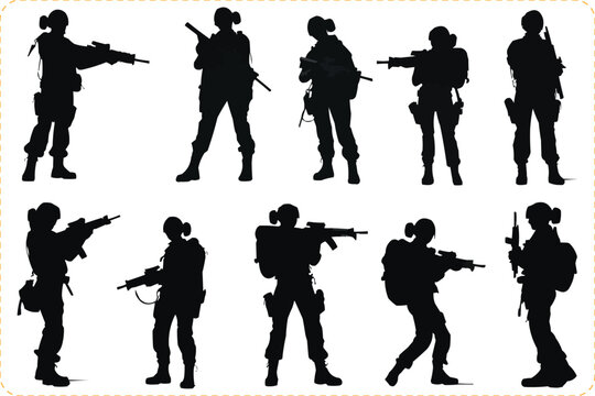 Black silhouettes of Female special forces, Silhouette of female soldier, Female special forces silhouette icon collection
