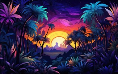 Fototapeta na wymiar Dark navy and violet sunset landscapes background illustration