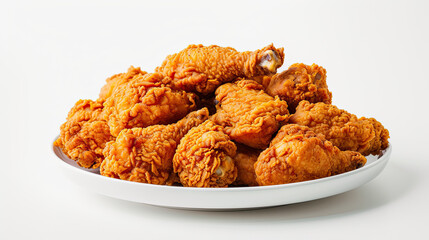 pile of crispy fried chicken on a white plate isolated on white background