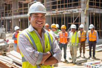 engineer man smiling in diverse group of team on construction site
