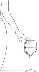 hand touches a glass of wine that stands on the table. one line on a white background