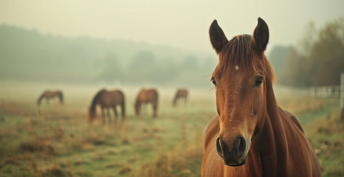 One brown horse portrait with blurred horses feeding on field on the background.
