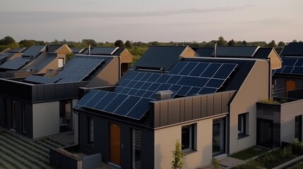 Fototapeta premium newly constructed homes with solar panels on the roof under a bright sky