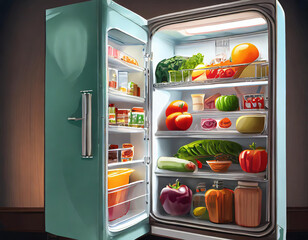 Photorealistic image showcasing an opened kitchen fridge
