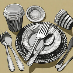Set of disposable utensils like plate, folk, spoon,knife and cup on monochrome