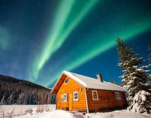 Fotobehang Vibrant Nordic Cabin Winter Wonderland and Northern Lights © luis