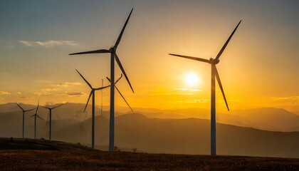 Wind turbine generating electricity and sunset