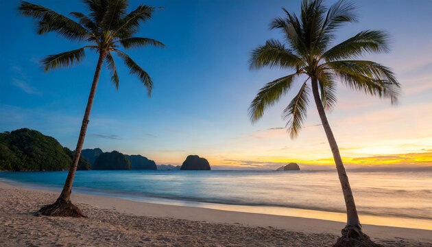 Two palm trees on the beach at dawn, Corong Corong beach, El Nido, Palawan, Mimaropa, Luzon, Philippines